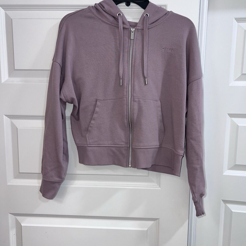 DKNY Womens Cropped Activewear Hoodie Sz Medium Full Zip Pockets Purple